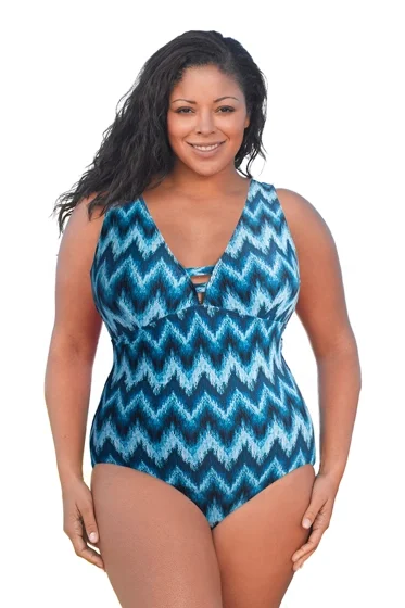 ALWAYS FOR ME PLUS SIZE V-PLUNGE ONE PIECE SWIMSUIT