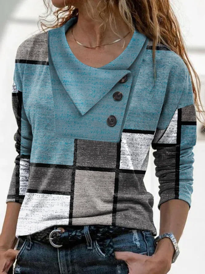 Geometric Buttoned Casual T-S...