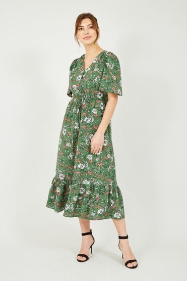 Green Daisy Print Midi Dress