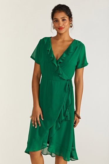 Yumi Green Frill Wrap Dress With Tassel Detail