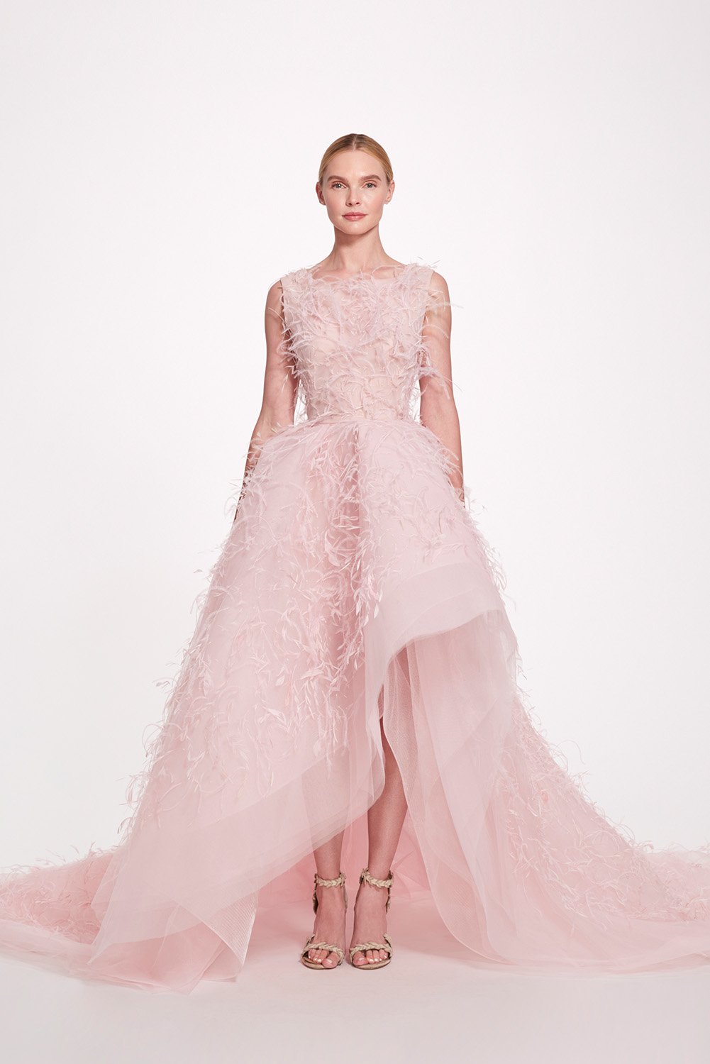 Feather-Embellished High-Low Tulle Ball Gown