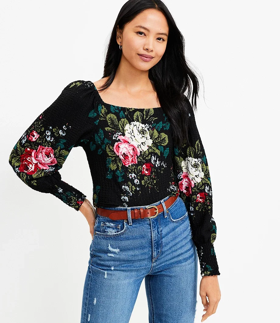 Bouquet Puff Sleeve Square Neck Top