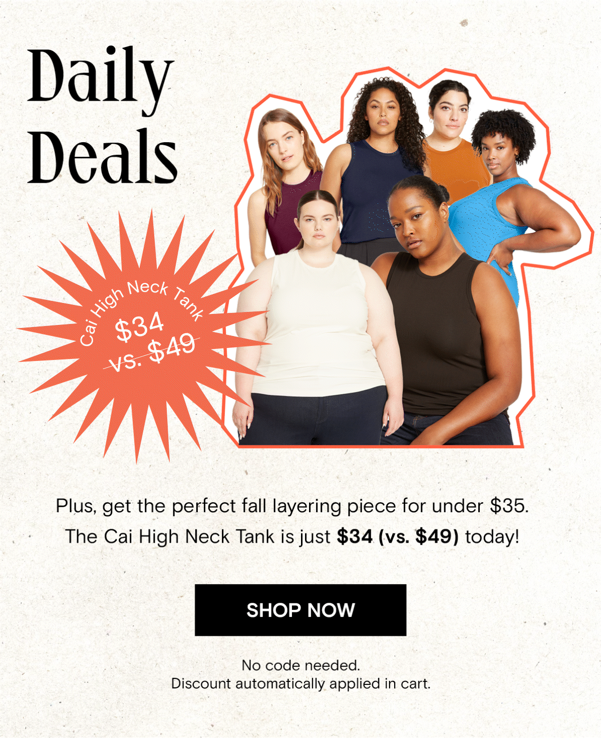 Today's deal of the day is the cai high neck tank for $34