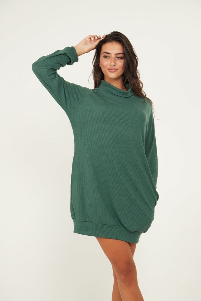 Jumper Dress With Roll Neck And Pockets In Green