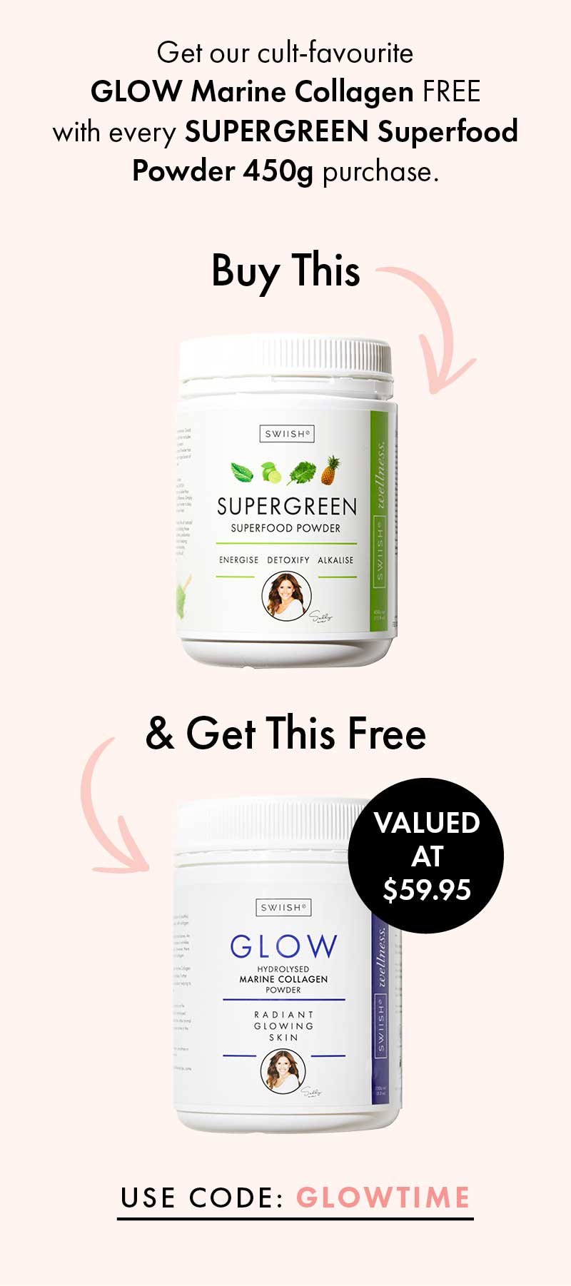 Get our cult-favourite GLOW Marine Collagen FREE with every SUPERGREEN Superfood Powder 450g purchase. 