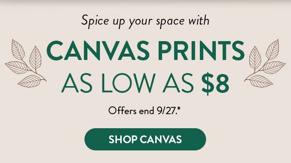 Spice up your space with canvas prints as low as 8 dollars. Offers end September 27. See * for details.