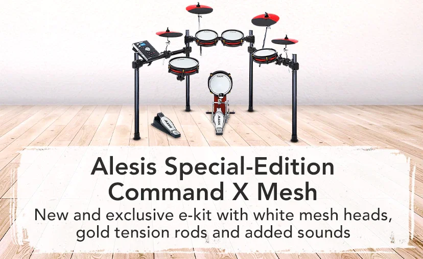 Alesis Special-Edition Command X Mesh. New and exclusive e-kit with white mesh heads, gold tension rods and added sounds. Shop Now