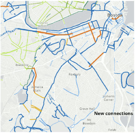 A map of new bike lanes in Boston.