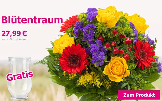 Toller Farbtupfer: Blumenstrauß Blütentraum mit gratis Glasvase für 27,99 €