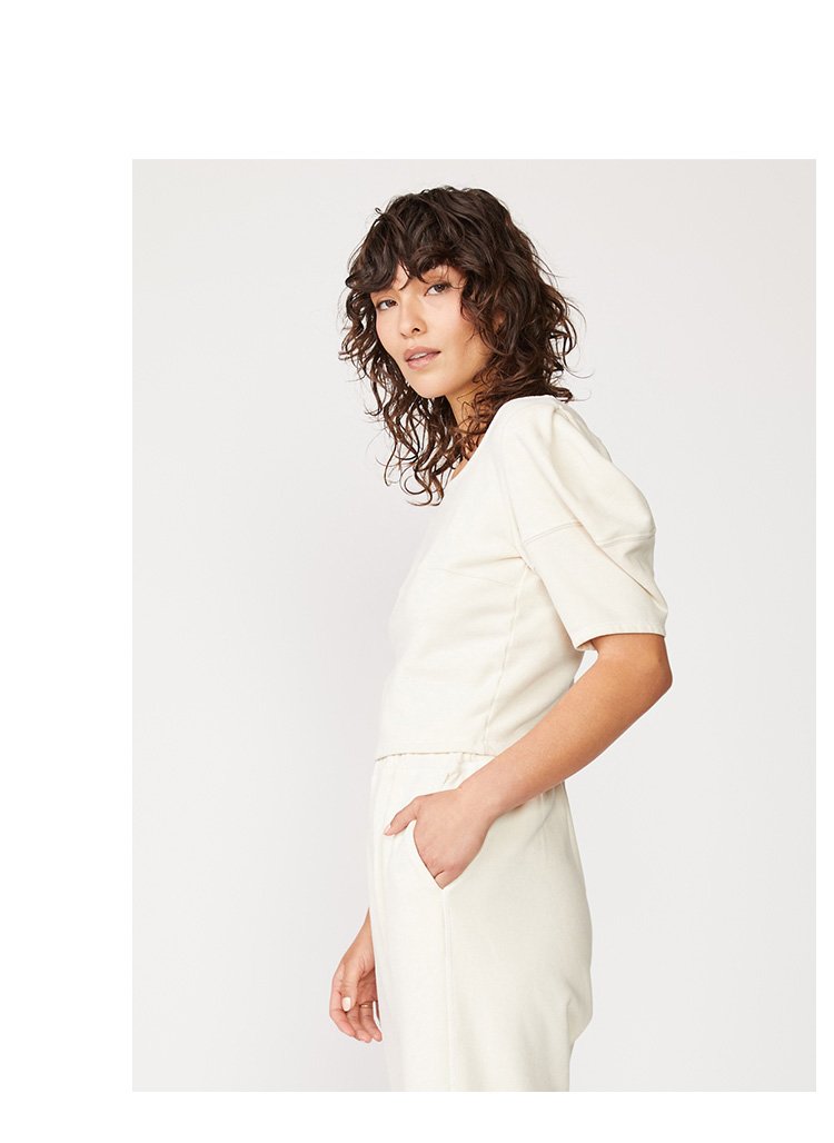 French Terry Carbon Finish Puff Sleeve Top in Cream