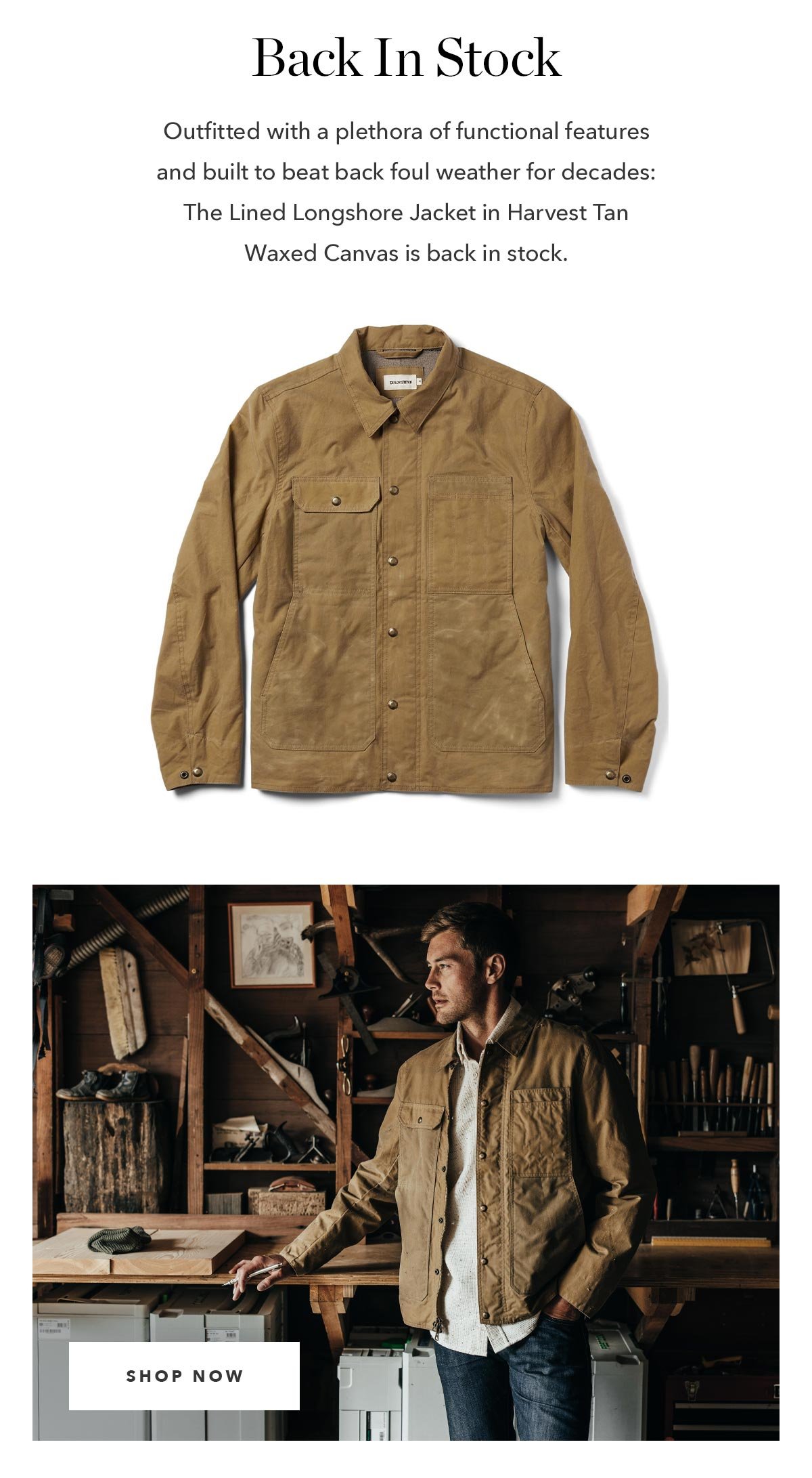 Outfitted with a plethora of functional features and built to beat back foul weather for decades: The Lined Longshore Jacket in Harvest Tan Waxed Canvas is back in stock.