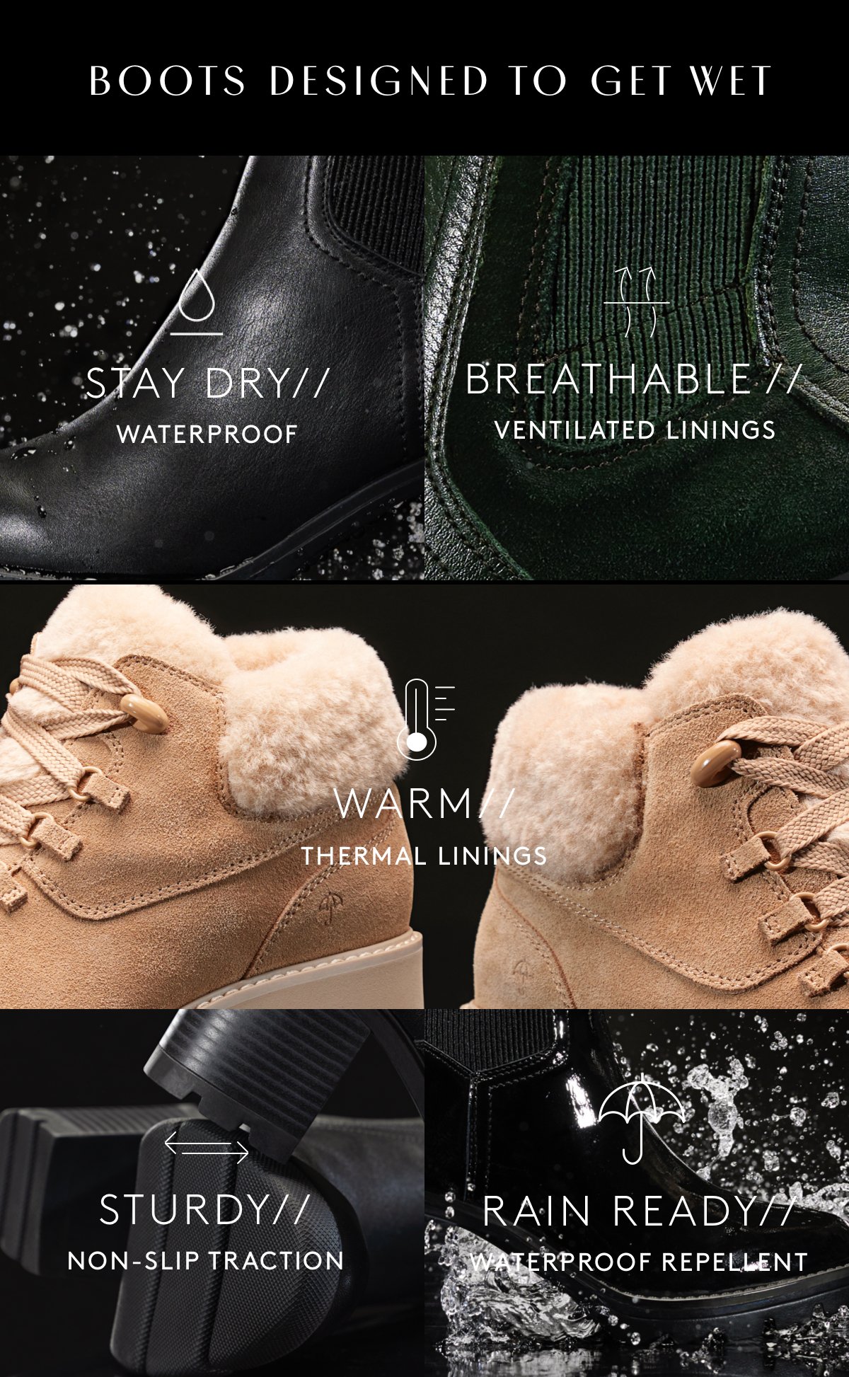 Boots Designed To Get Wet / Stay Dry // Waterproof / Rain Ready // Water Repellent / Warm // Thermal Linings / Sturdy // Non-slip Traction / Breathable // Ventilated Linings