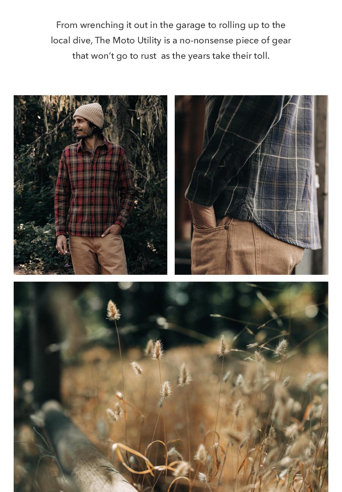 Editorial Images of The Moto Utility Shirt in Cardinal and Shale Plaid