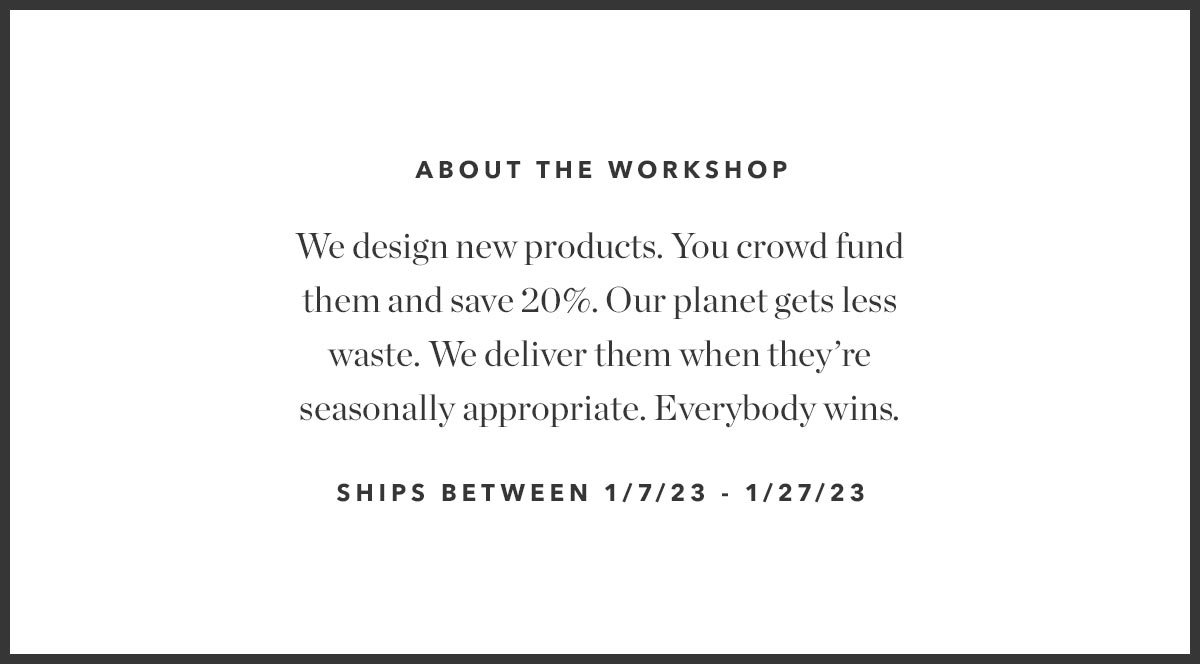 About The Workshop: We desing new products. You crowd fund them and save 20%.