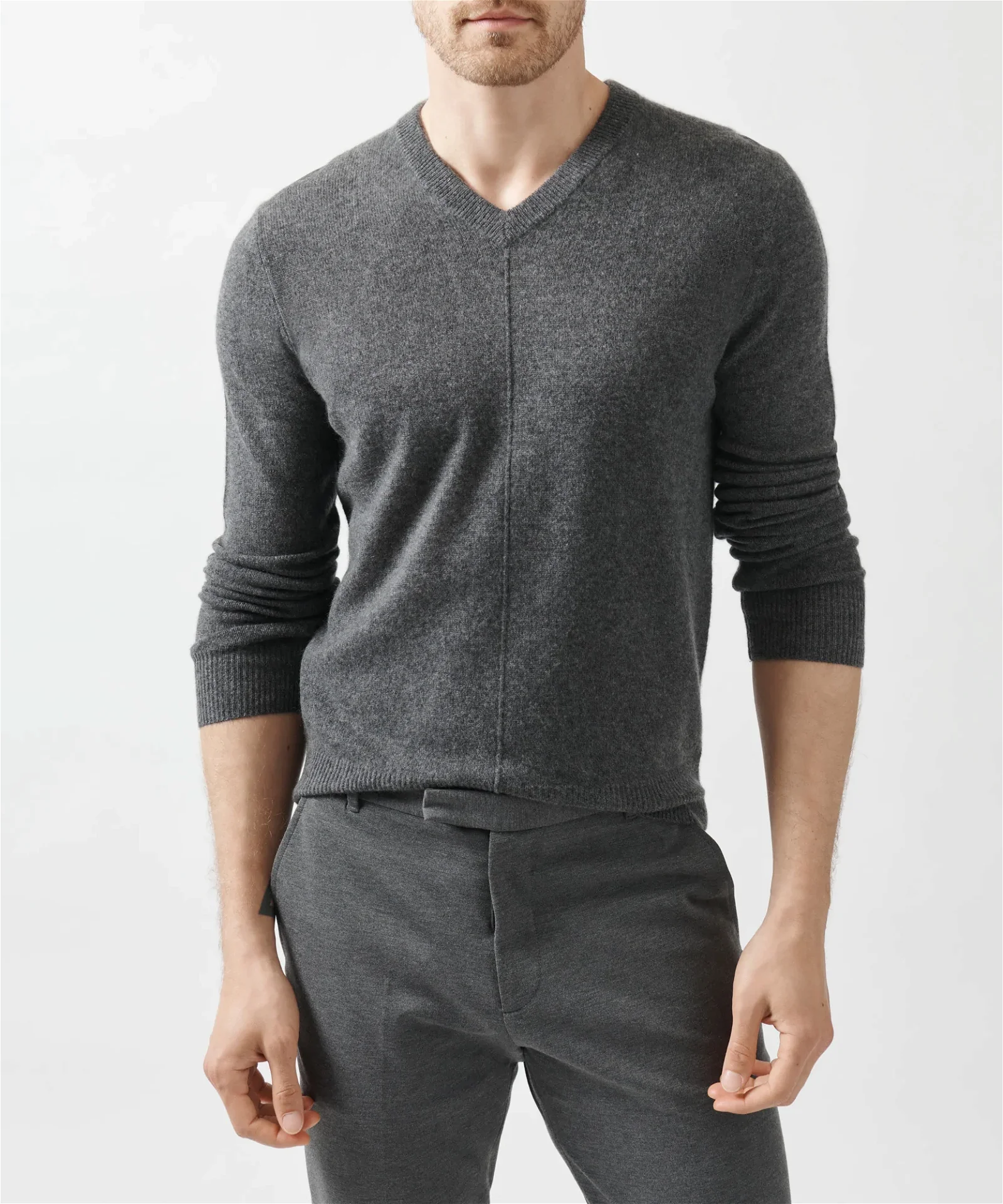 Image of Recycled Cashmere Exposed Seam V-Neck Sweater - Heather Charcoal