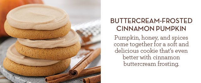 Buttercream-Frosted Cinnamon Pumpkin - Pumpkin, honey, and spices come together for a soft and delicious cookie that’s even better with cinnamon buttercream frosting.