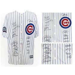 
2016 Chicago Cubs Team Autographed Signed Chicago Cubs Joe Maddon 2016 WS Patch White Pinstripe Majestic Jersey (17 Sigs)

