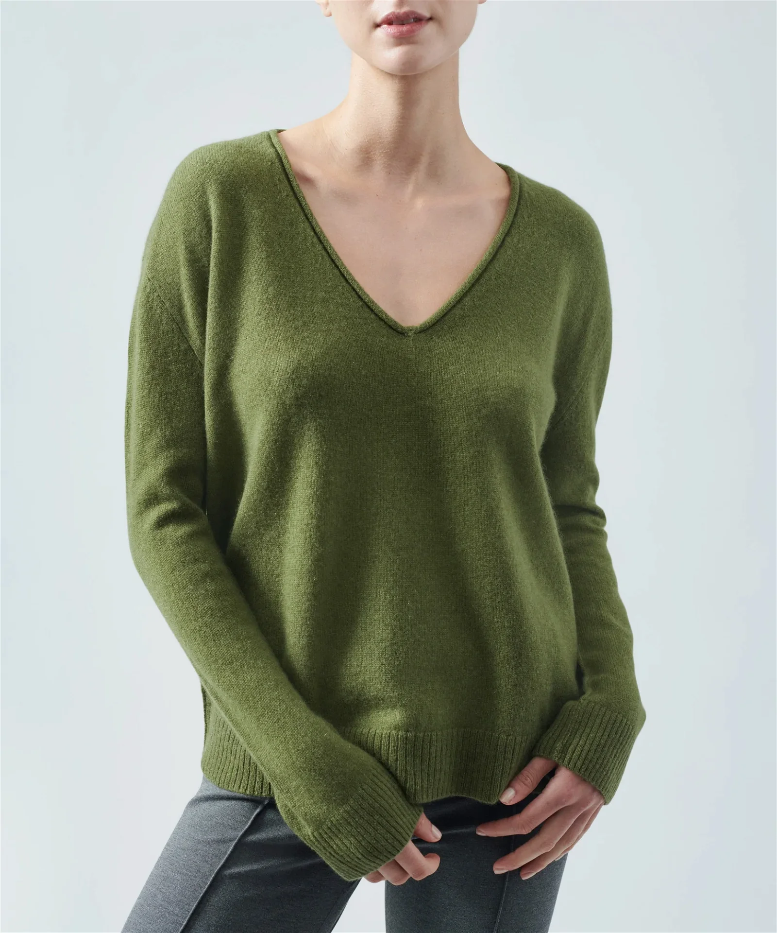 Image of Recycled Cashmere Relaxed V-Neck Sweater - Bay Leaf