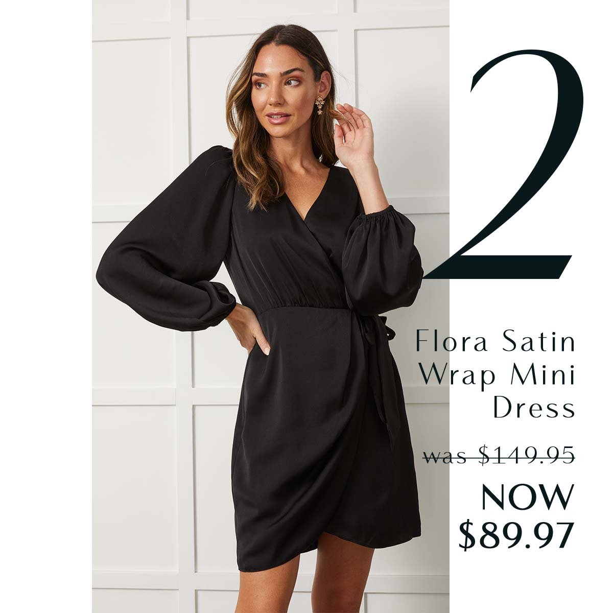 5. Flora Satin Wrap Mini Dress was $149.95 NOW $89.97