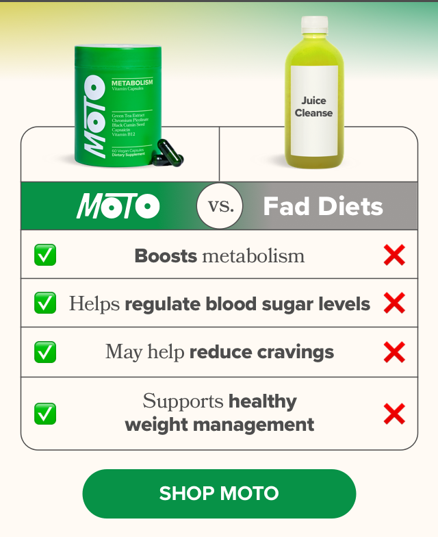 Unlike fad diets, MOTO boosts metabolism, helps regulate blood sugar levels, may help reduce cravings, and supports healthy weight management