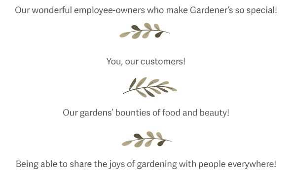 Our wonderful employee-owners who make Gardener's so special! You, our customers! Our gardens' bounties of food and beauty. And being able to share the joys of gardening with people everywhere!