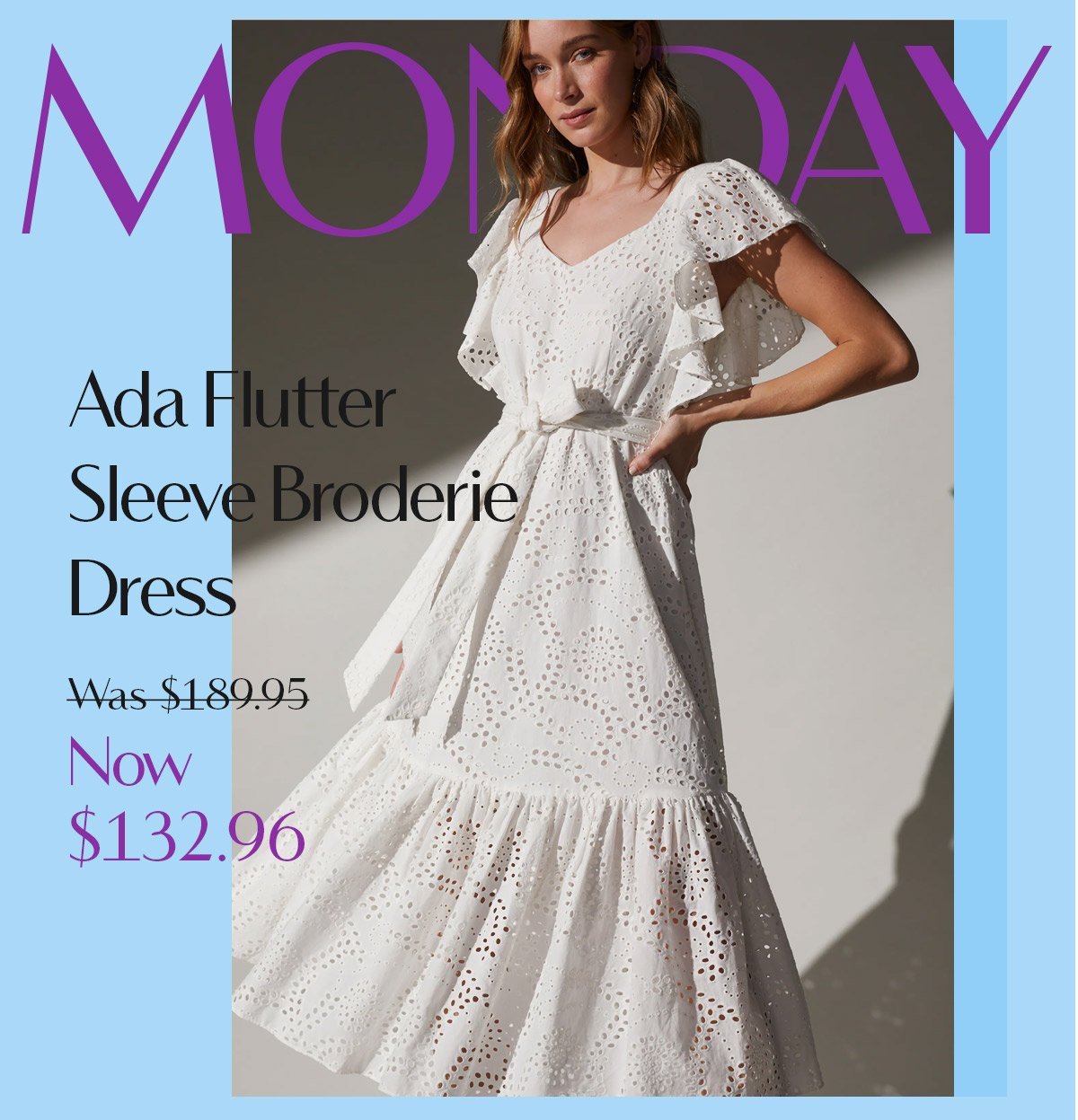 Ada Flutter Sleeve Broderie Dress Was $189.95 Now $132.97