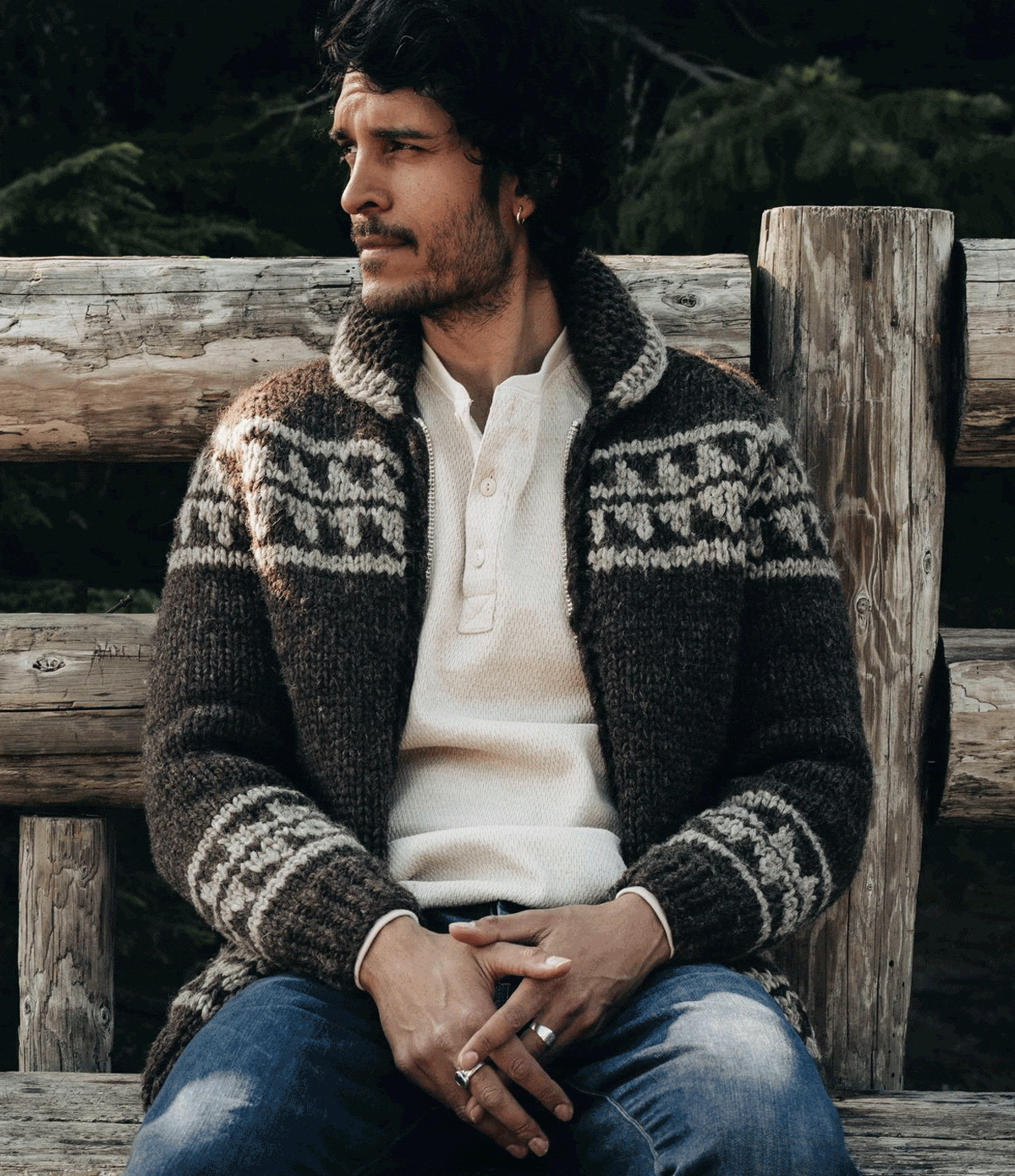 Model wearing The Seawall Sweater in Mahogany