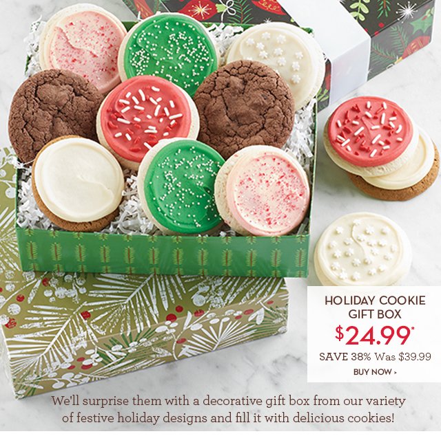 Holiday Cookie Gift Box - We'll surprise them with a decorative gift box from our variety of festive holiday designs and fill it with delicious cookies!