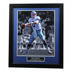 Troy Aikman Autographed Dallas Cowboys Framed Throwing Spotlight 16x20 Photo with Nameplate Signed in White - Beckett Authentic
