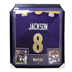 Lamar Jackson Autographed Signed Baltimore Ravens Deluxe Framed Purple Color Rush Jersey - JSA Authentic
