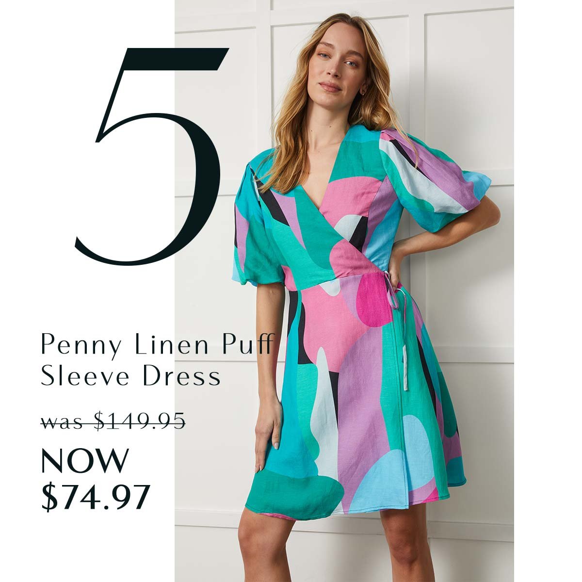 5. Penny Linen Puff Sleeve Dress was $149.95 NOW $74.97