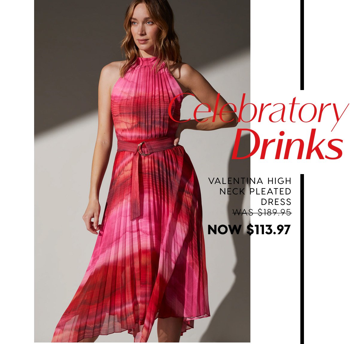 Celebratory Drinks.Valentina High Neck Pleated Dress  WAS $189.95 NOW $132.96