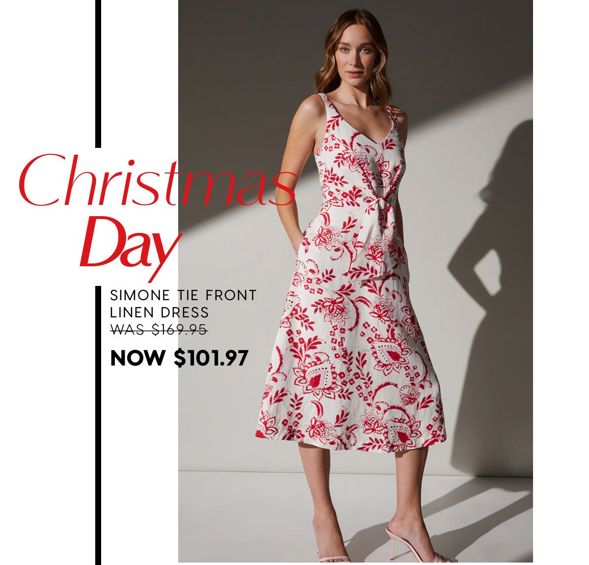 Christmas Day. Simone Tie Front Linen Dress  WAS $169.95 NOW $101.97